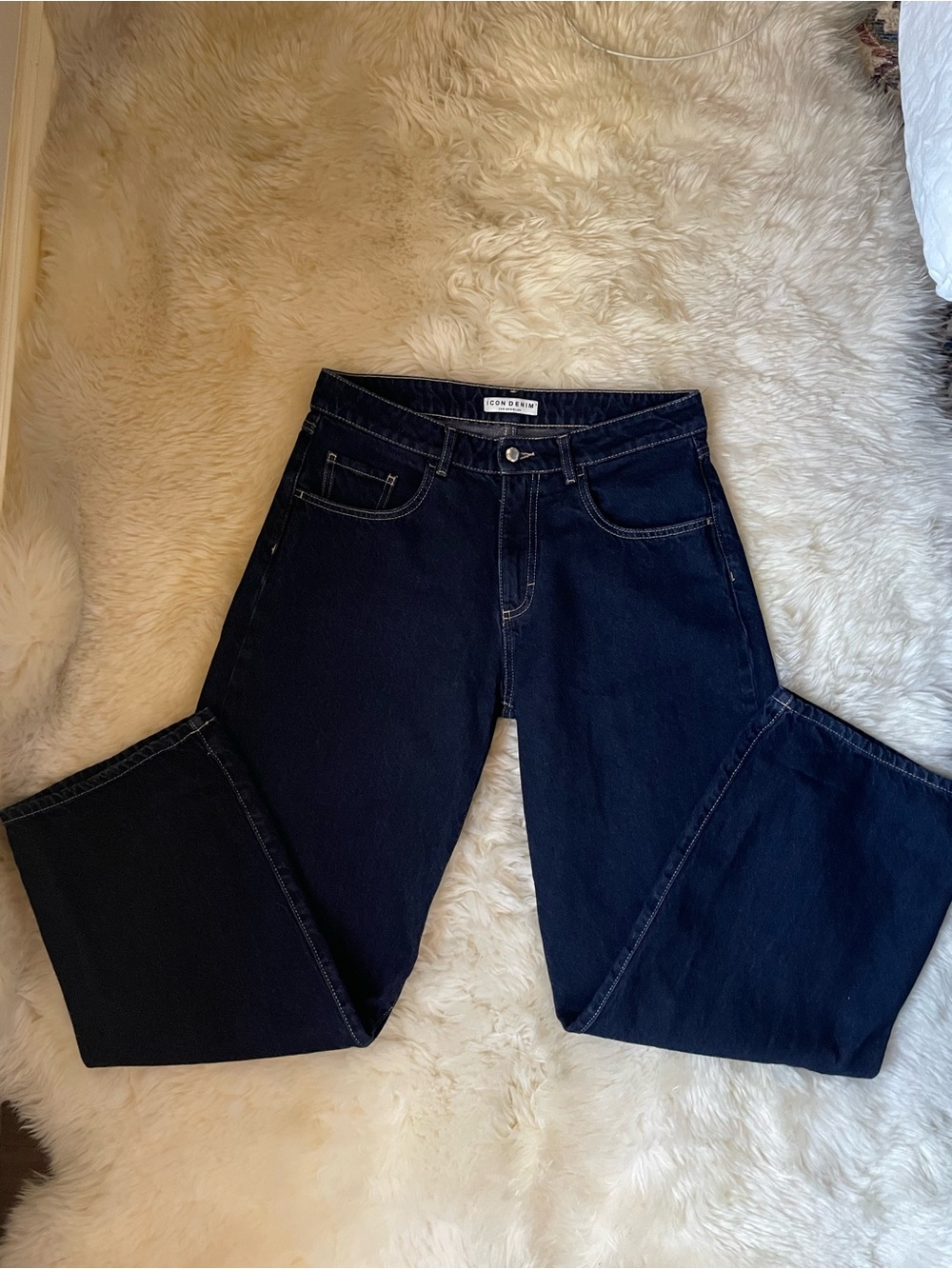 ICON Denim LA bea low rise wide leg baggy jeans in color indigo raw